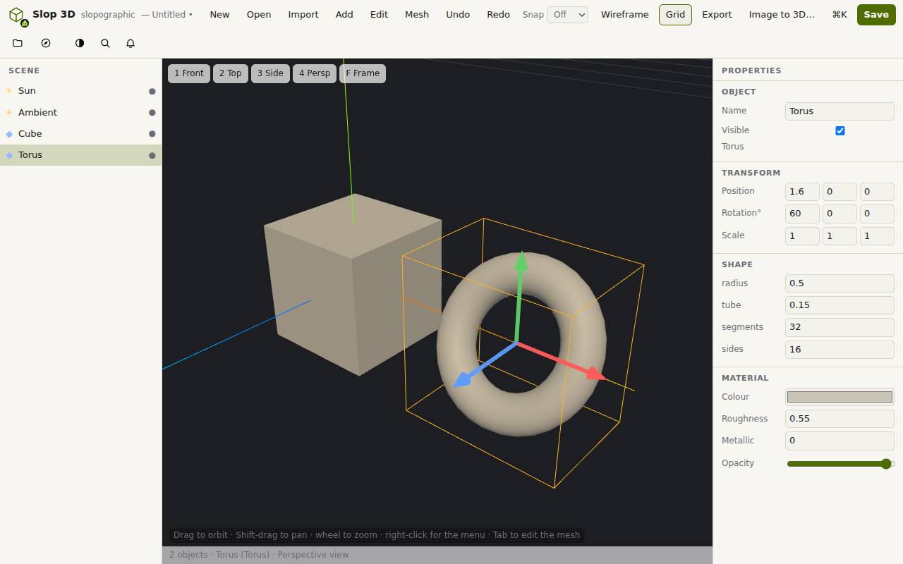 A cube and a tilted torus in Slop 3D, with the torus selected, its move gizmo and its properties
