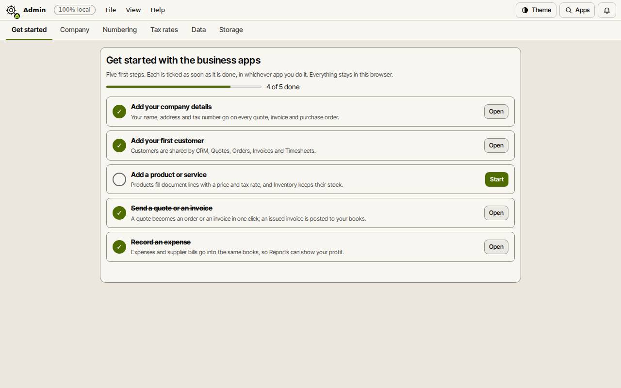 The Get started tab in Slop Admin with four of five steps ticked