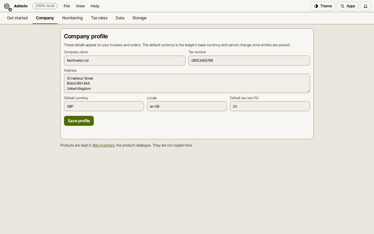 The Company profile form filled in for a sample company