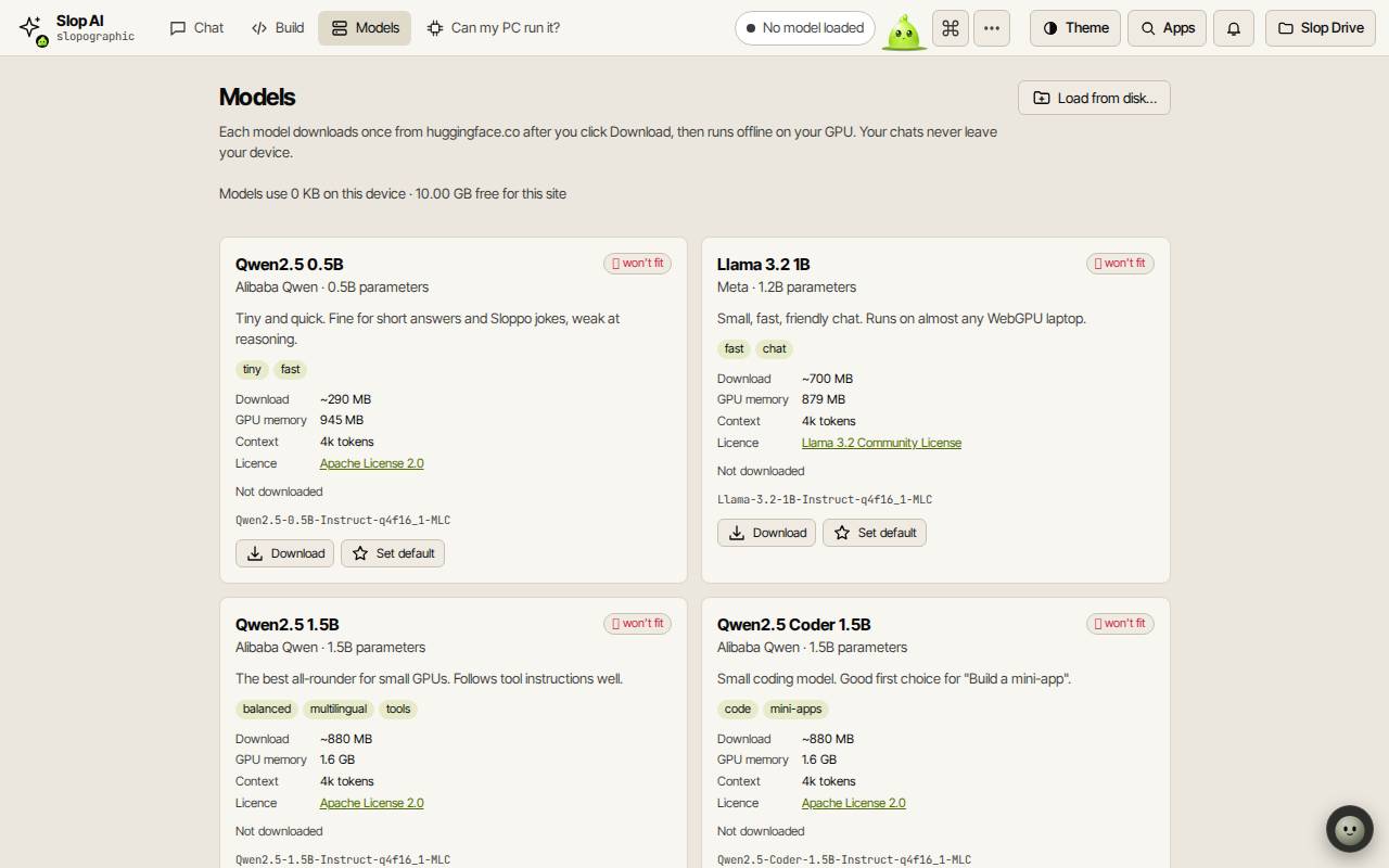 The Models tab with model cards showing download size, GPU memory and licence