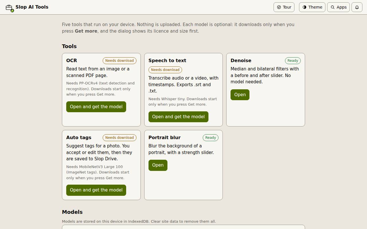 The Slop AI Tools hub with five tool cards and their status