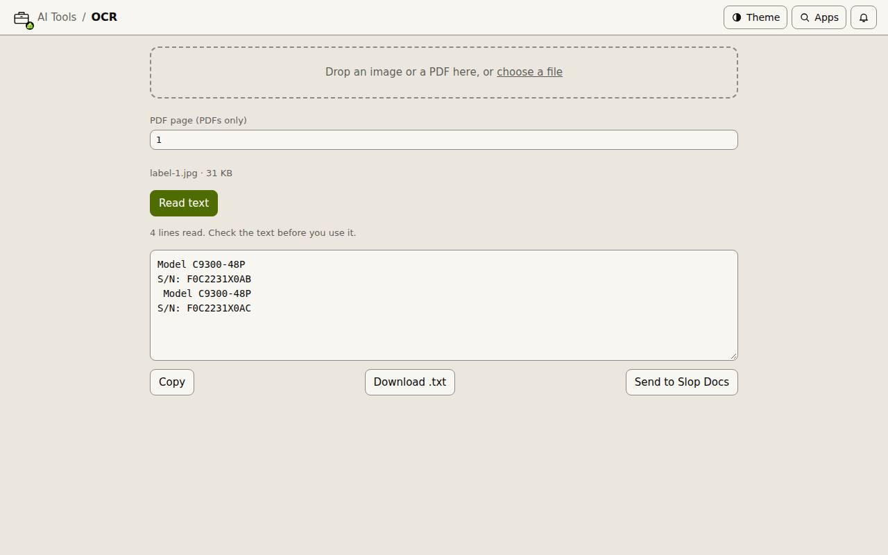 The OCR tool after reading a label: the model and serial numbers in the text box