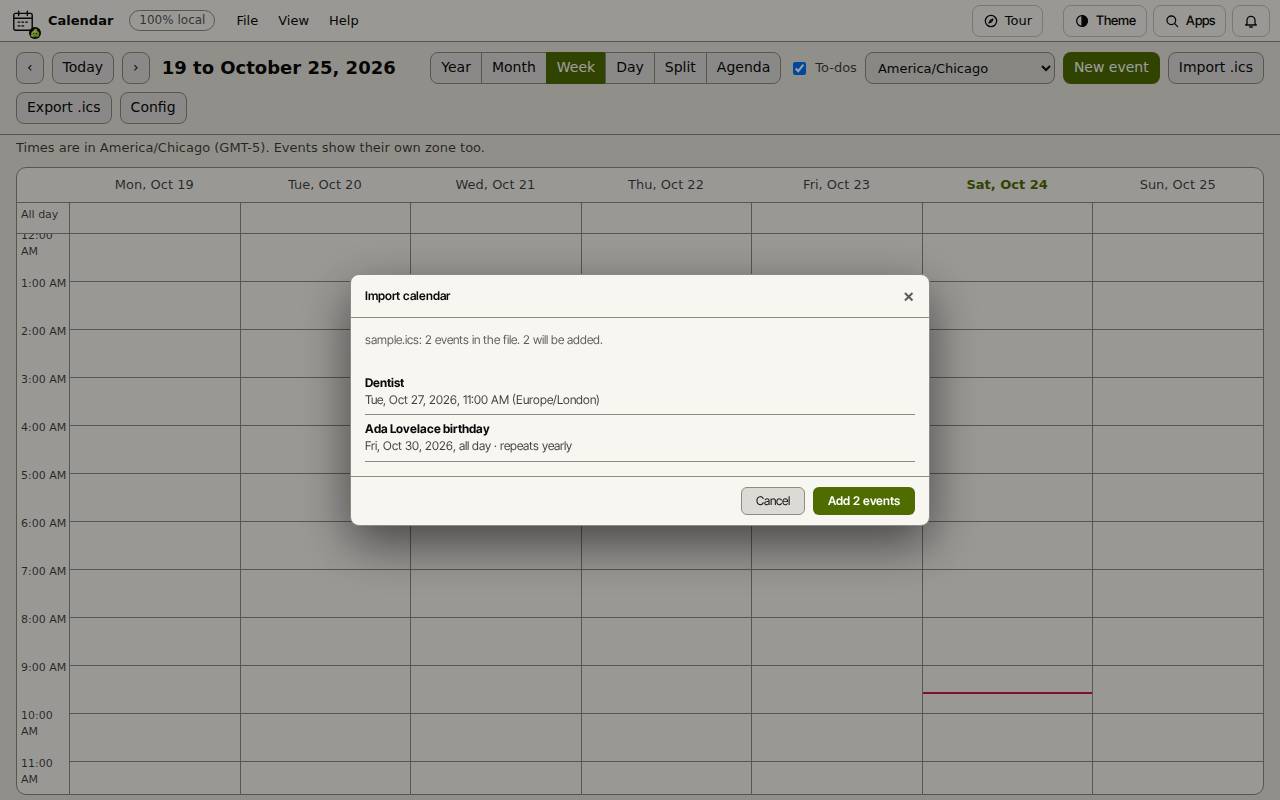 The Import calendar dialog listing two events from an .ics file