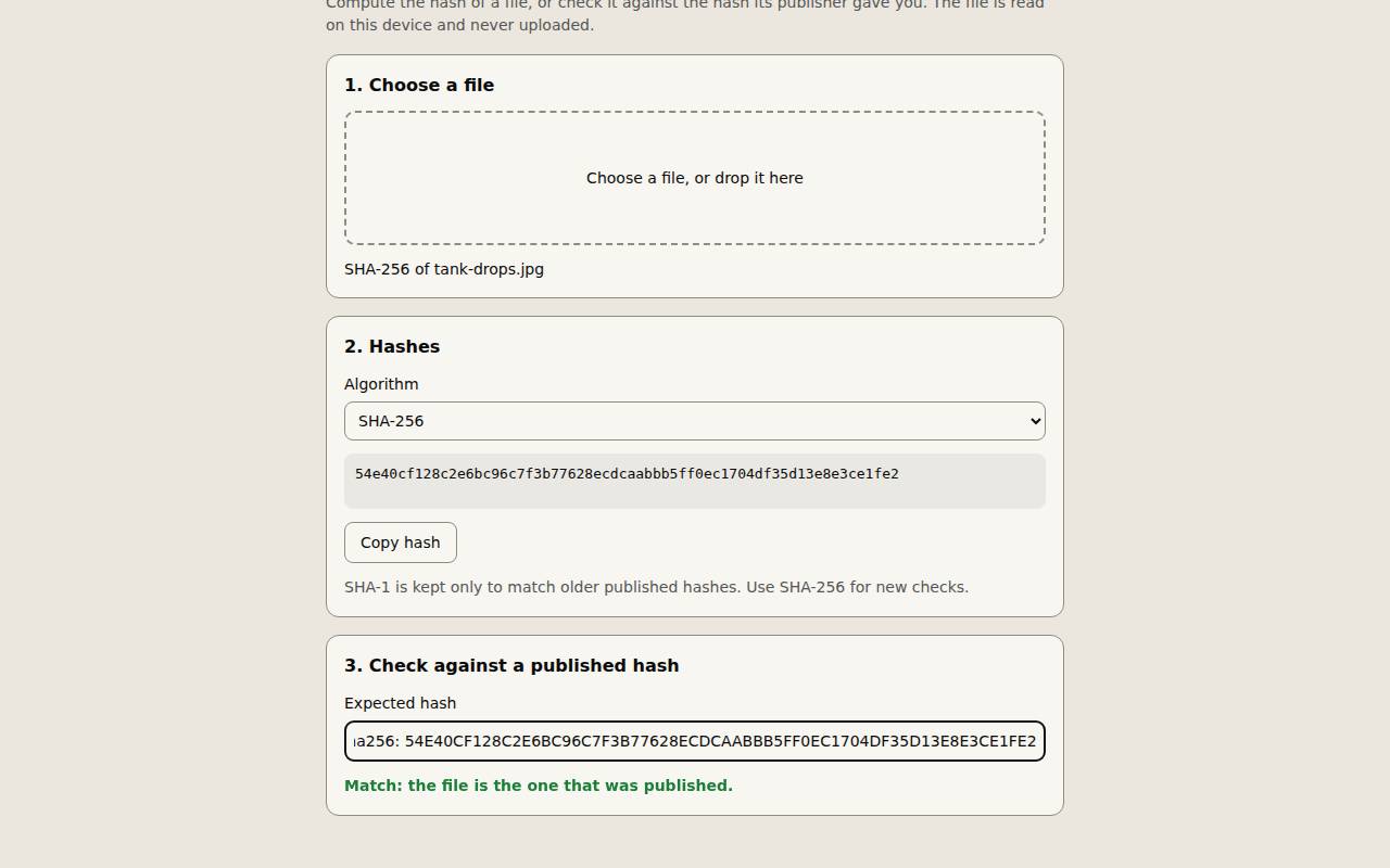 Checksum with a JPEG chosen, its SHA-256 hash shown, and a pasted hash reported as a match