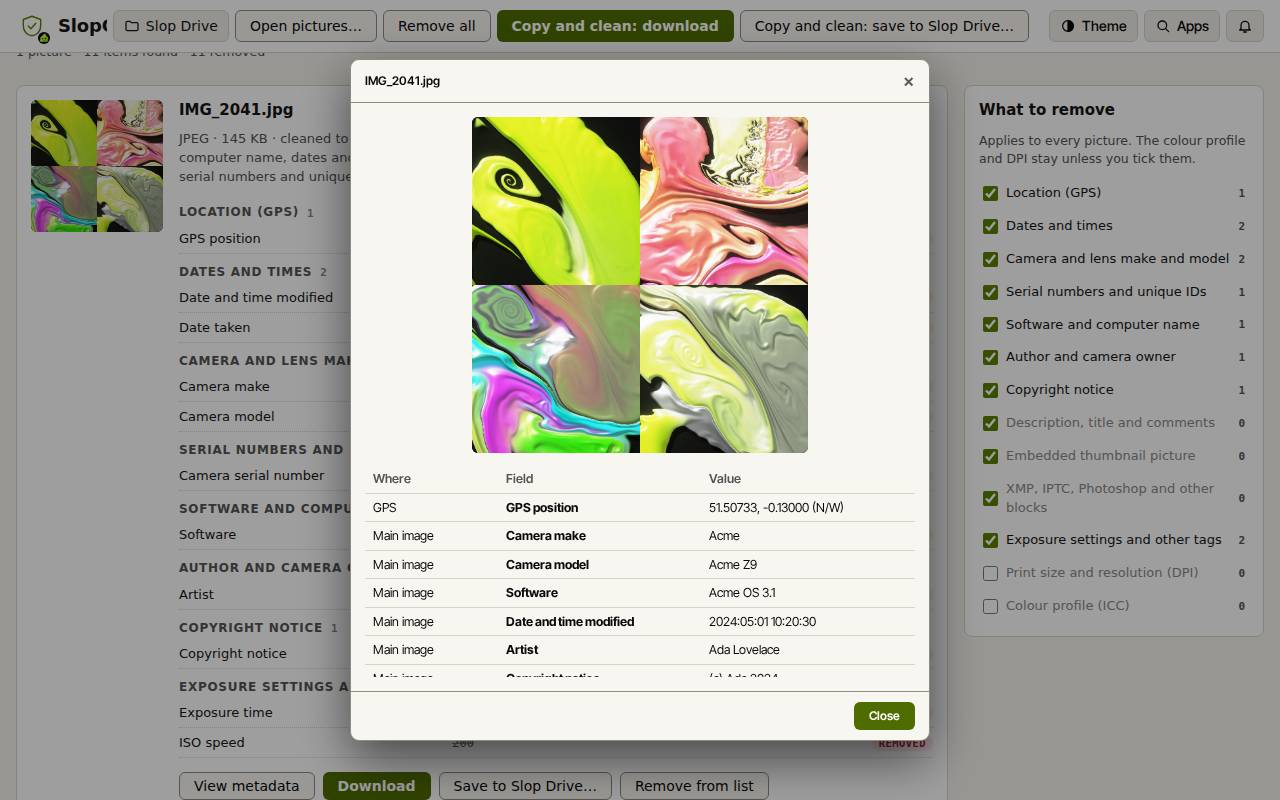The View metadata window in SlopClean listing GPS position, camera make and model, software, date and artist
