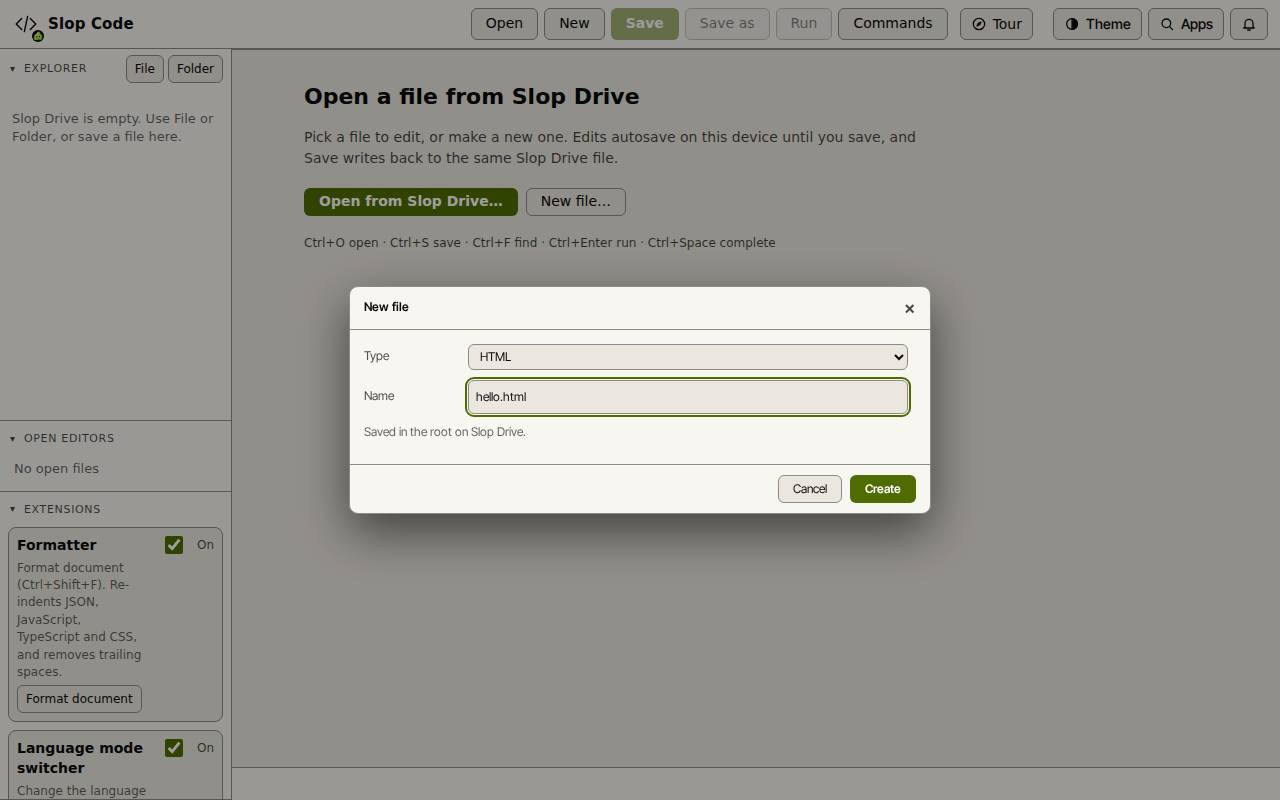 The New file dialog in Slop Code with the type set to HTML and the name hello.html