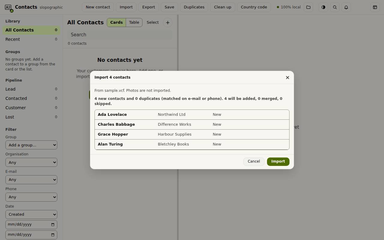 The Import dialog listing four new contacts from a vCard file