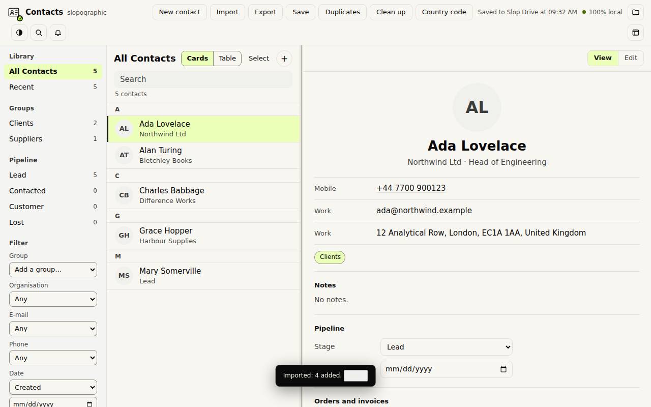 A contact card in Slop Contacts with phone, e-mail, address, group and pipeline stage