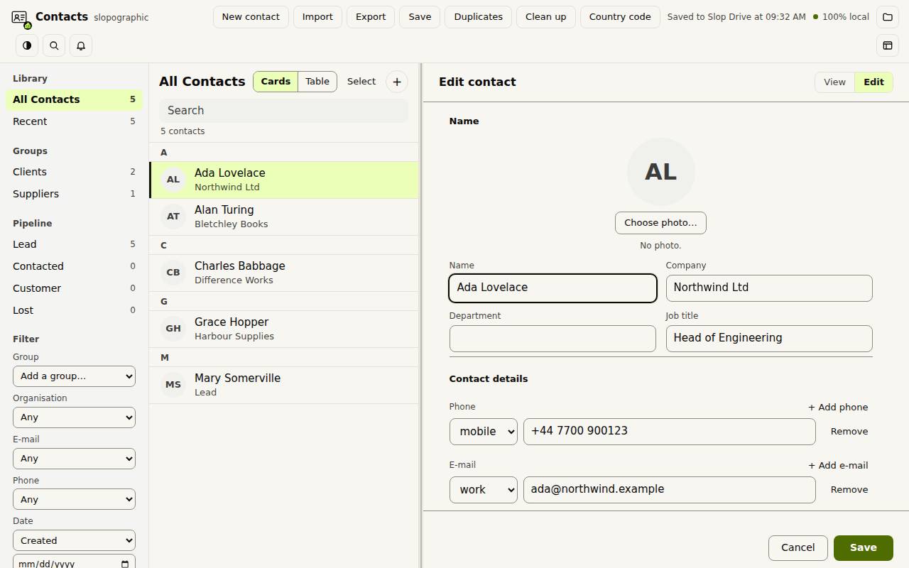 Editing a contact: name, company, job title, phone and e-mail