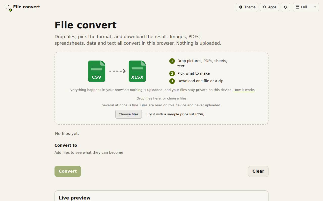 File convert before any file is added, with the drop box, Choose files and the sample link