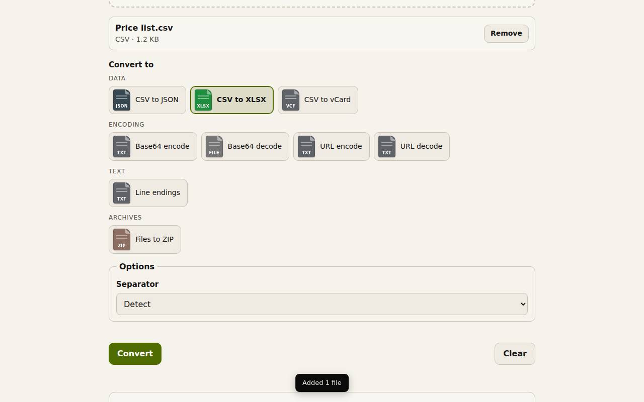 A CSV price list added to File convert, with CSV to XLSX chosen under Convert to and the Separator option