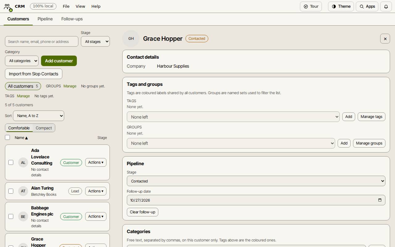 A customer open in Slop CRM: company, tags and groups, pipeline stage and follow-up date