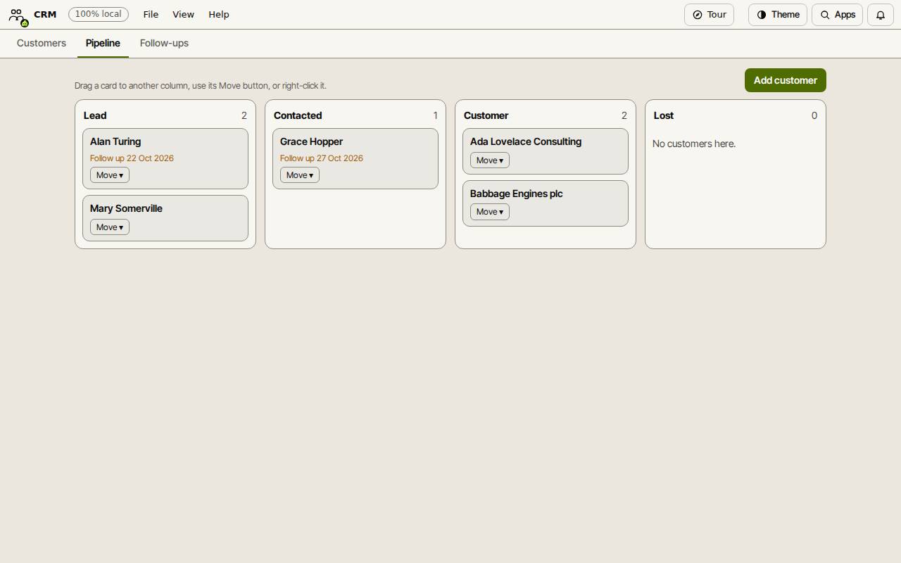 The Pipeline board in Slop CRM with customers in the Lead, Contacted and Customer columns