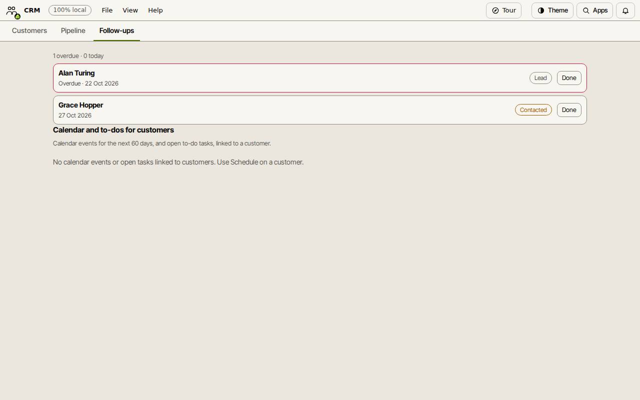 The Follow-ups tab with one overdue follow-up and one coming up