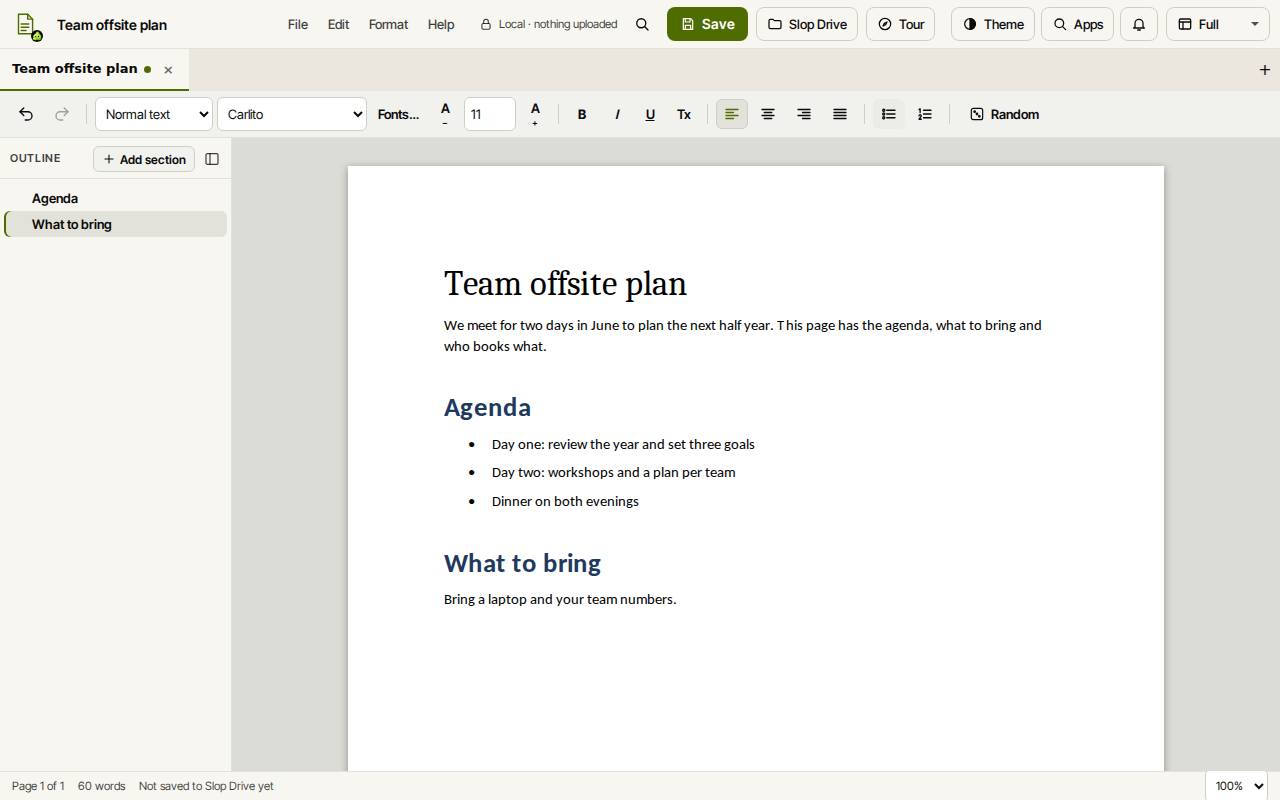A short document in Slop Docs with a title, two headings and a bulleted list, and the outline on the left