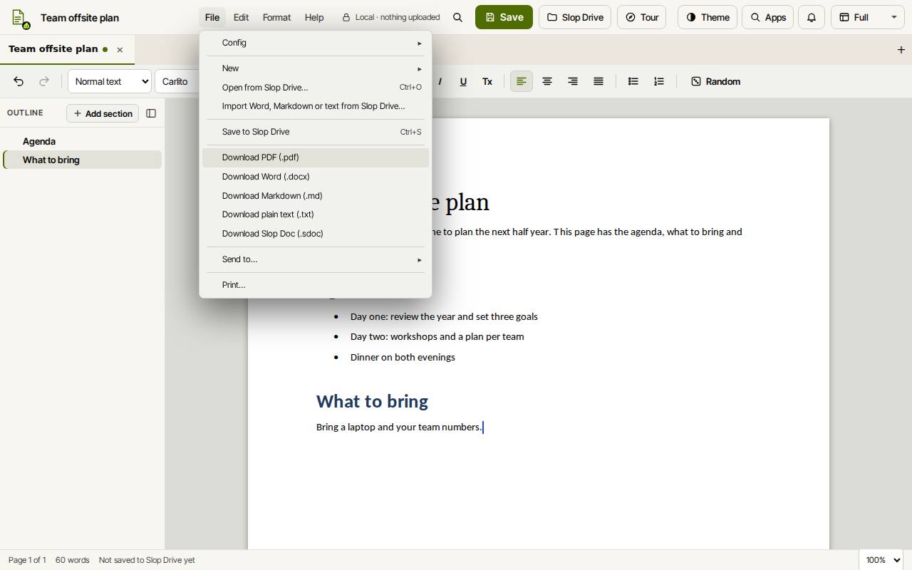 The File menu of Slop Docs with Save to Slop Drive and the PDF, Word, Markdown, text and .sdoc downloads