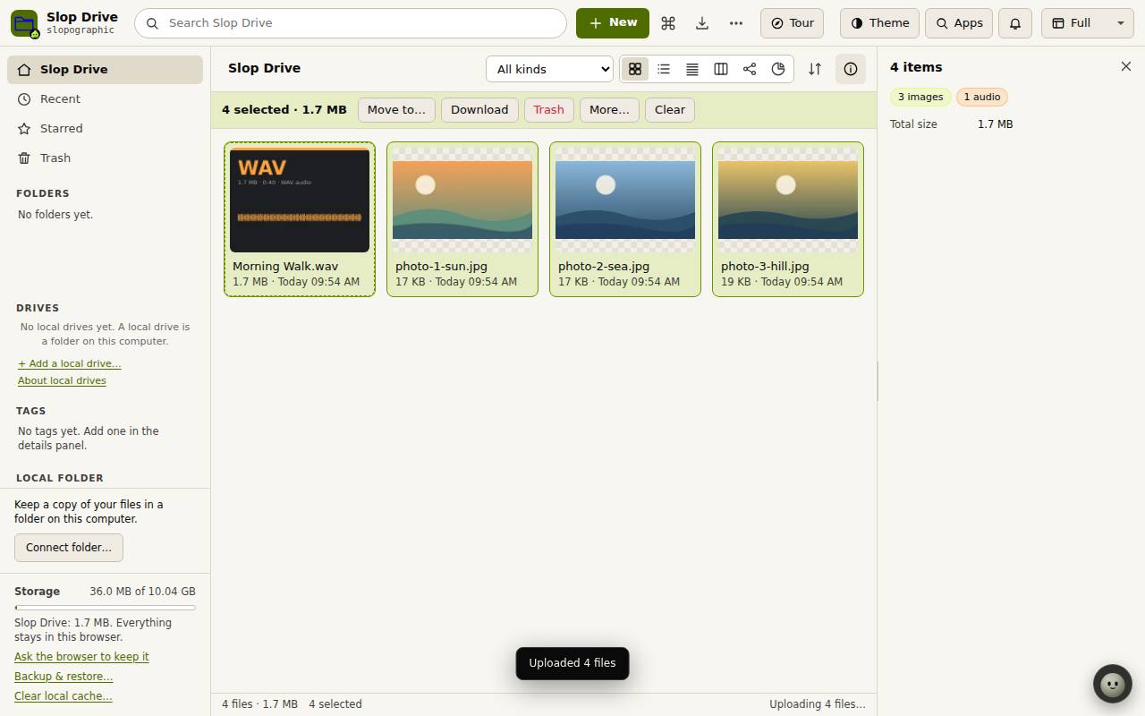 Slop Drive after uploading three photos and a sound file, in the grid view