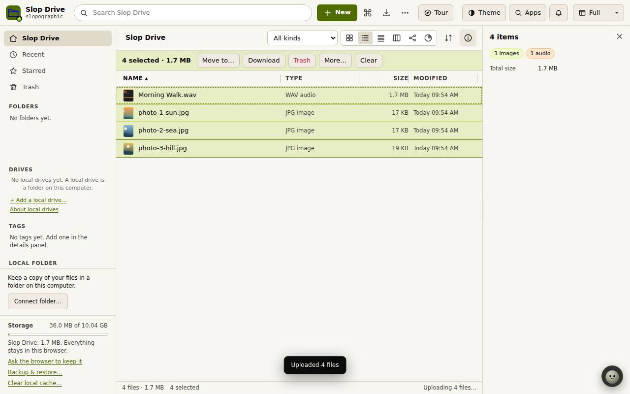 The list view with name, type, size and modified columns
