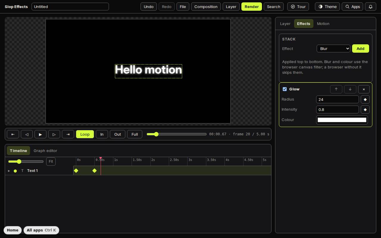 A Hello motion text layer with a Glow effect in Slop Effects, with two keyframes on the timeline