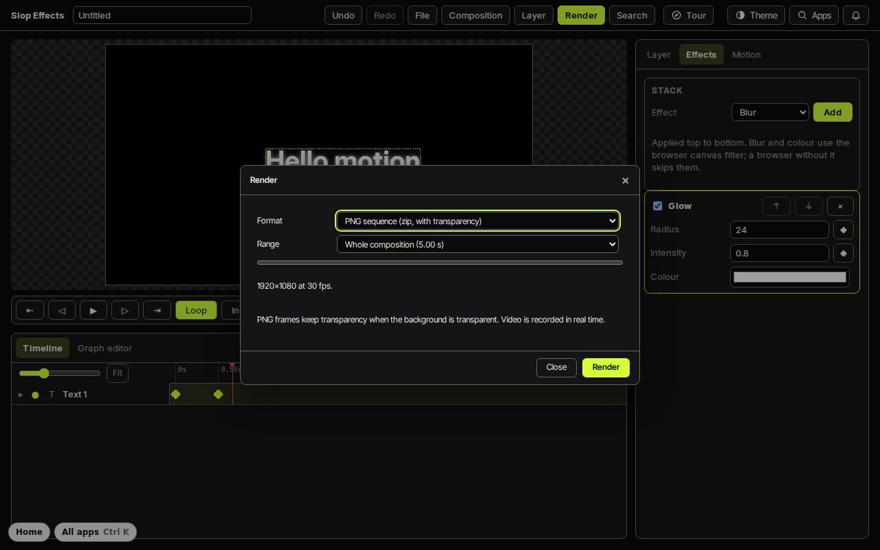 The Render dialog of Slop Effects set to a PNG sequence for the whole composition at 1920×1080 and 30 fps