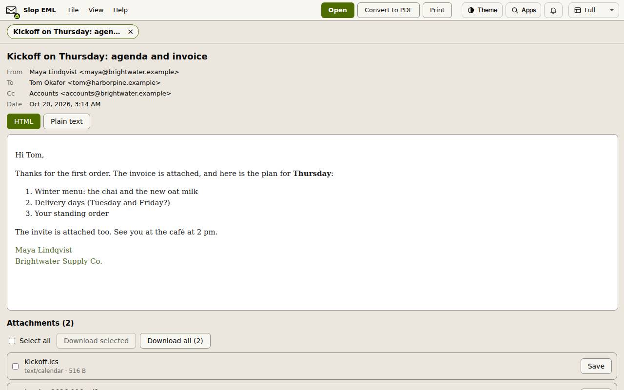 An email open in Slop EML: the subject, From, To, Cc and Date, the HTML and Plain text buttons, and the message