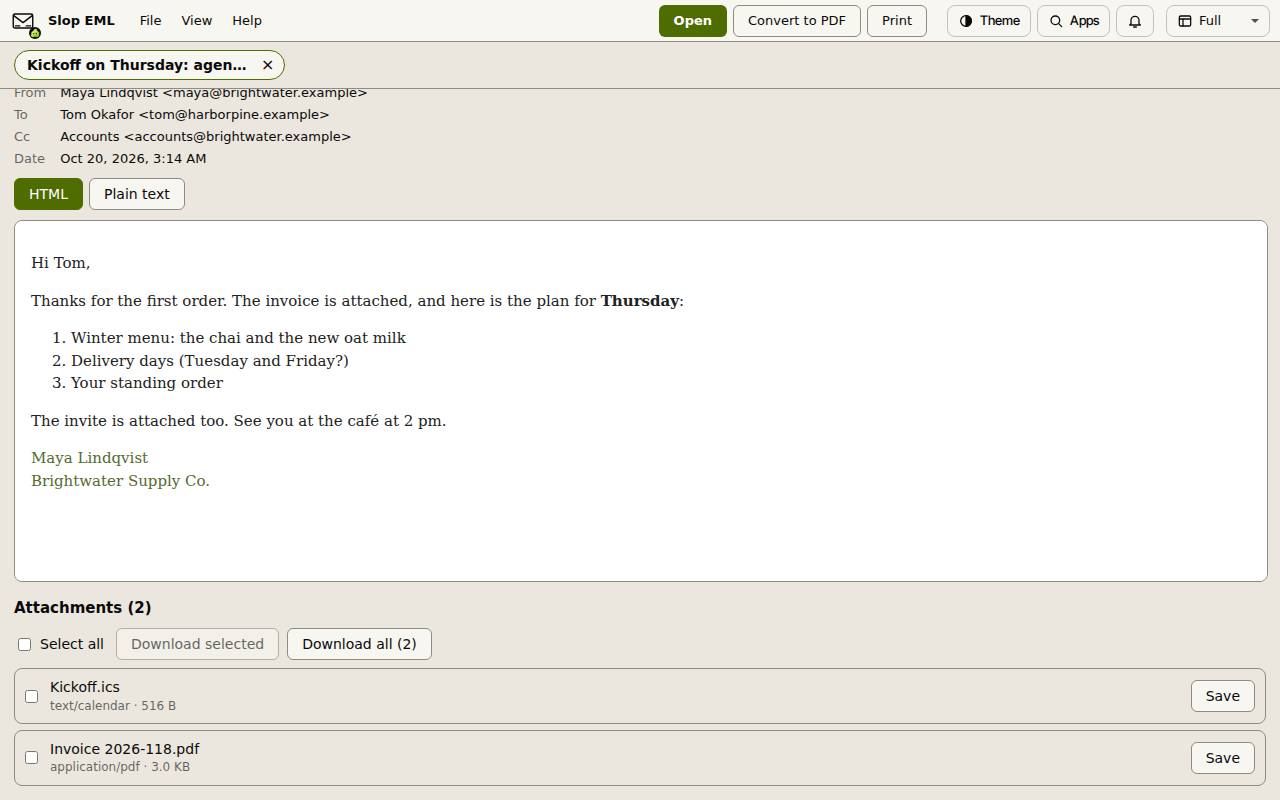 The Attachments list in Slop EML with an .ics invite and a PDF invoice, each with a Save button, and Download all (2)