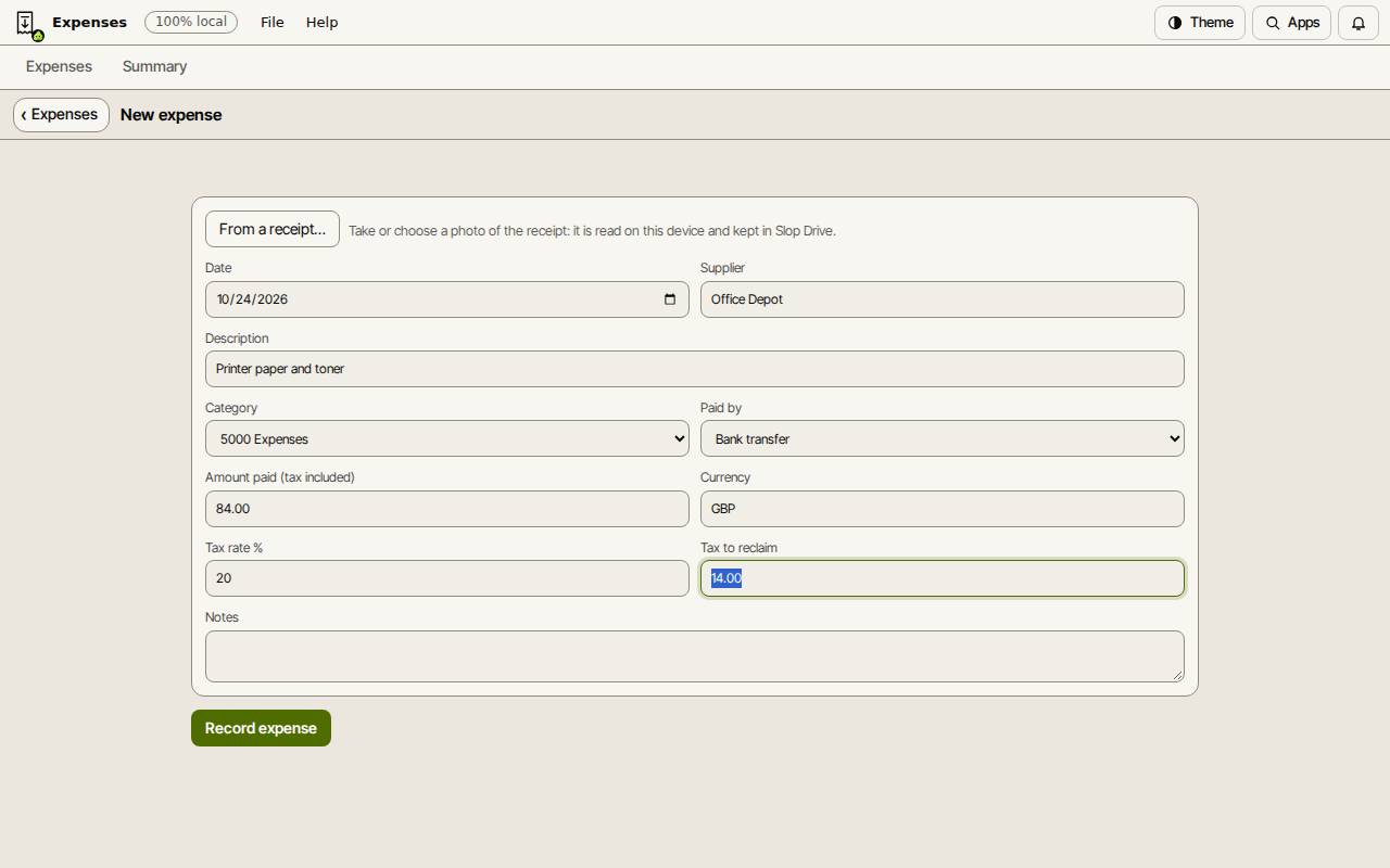 The New expense form in Slop Expenses with the tax to reclaim worked out