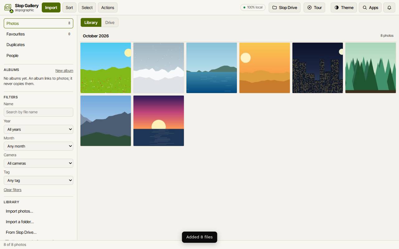 Slop Gallery with eight sample photos in the October 2026 grid and the Photos, Favourites, Duplicates and People views