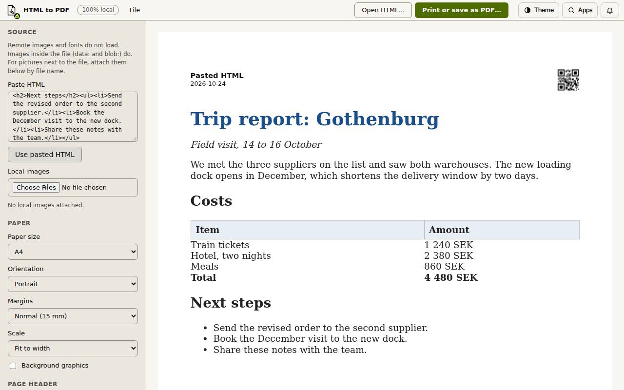 Slop HTML to PDF with a pasted trip report shown on an A4 preview, the Source and Paper options on the left
