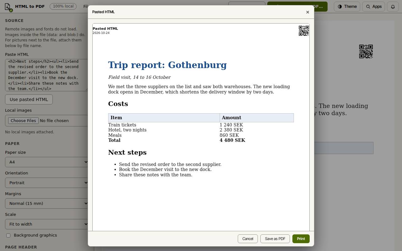 The print window of Slop HTML to PDF with the page preview and the Cancel, Save as PDF and Print buttons
