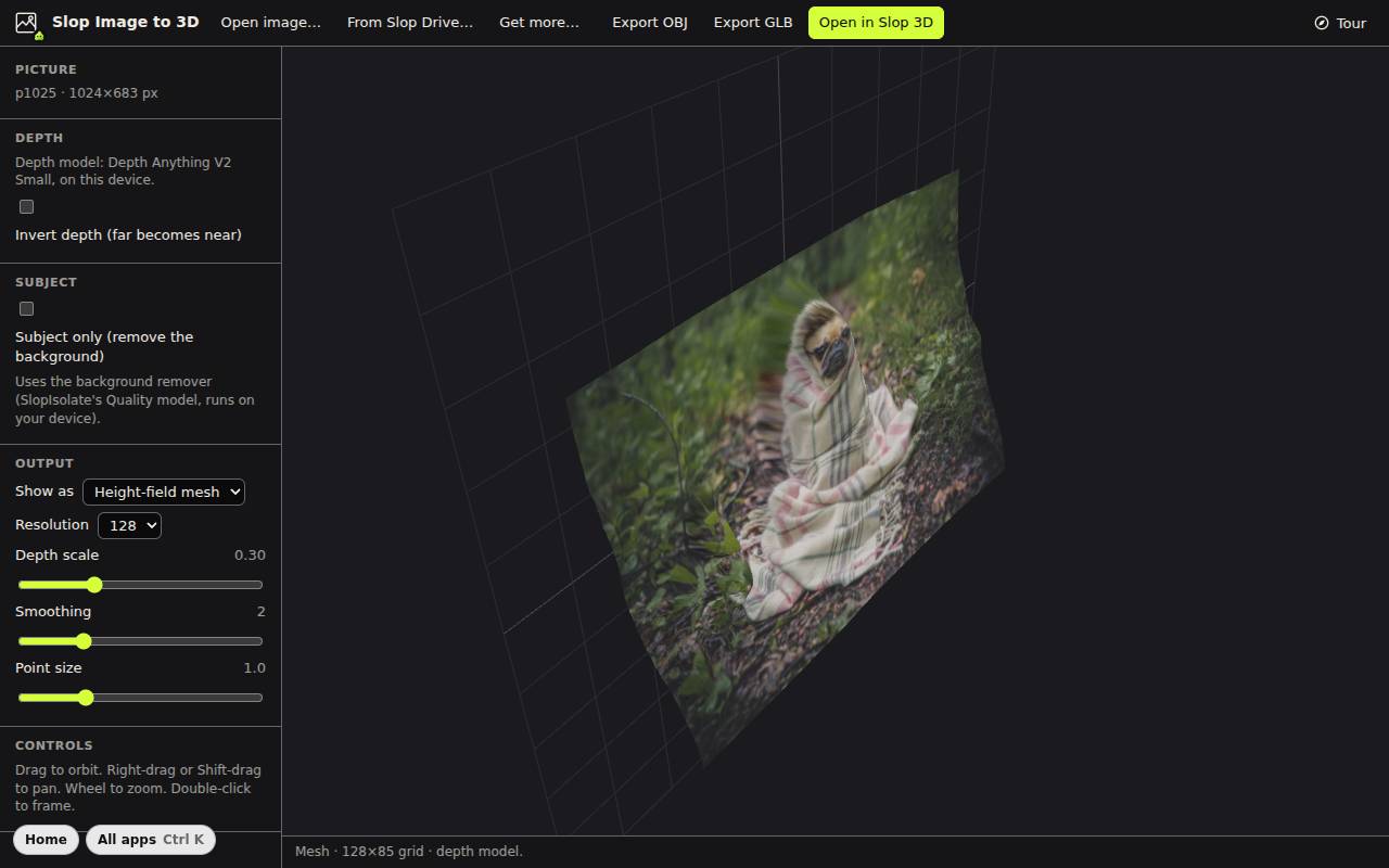 A photo of a dog in a blanket turned into a 3D height-field mesh in Slop Image to 3D, seen from the side