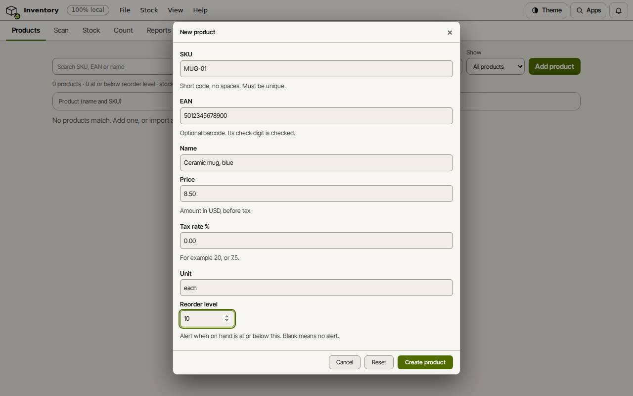 The New product dialog in Slop Inventory with SKU, EAN, name, price and reorder level