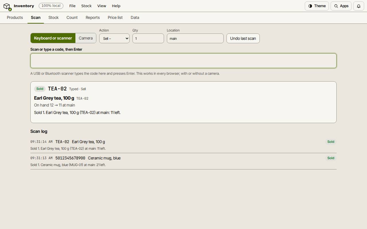 The Scan tab after two sales, with the scan log