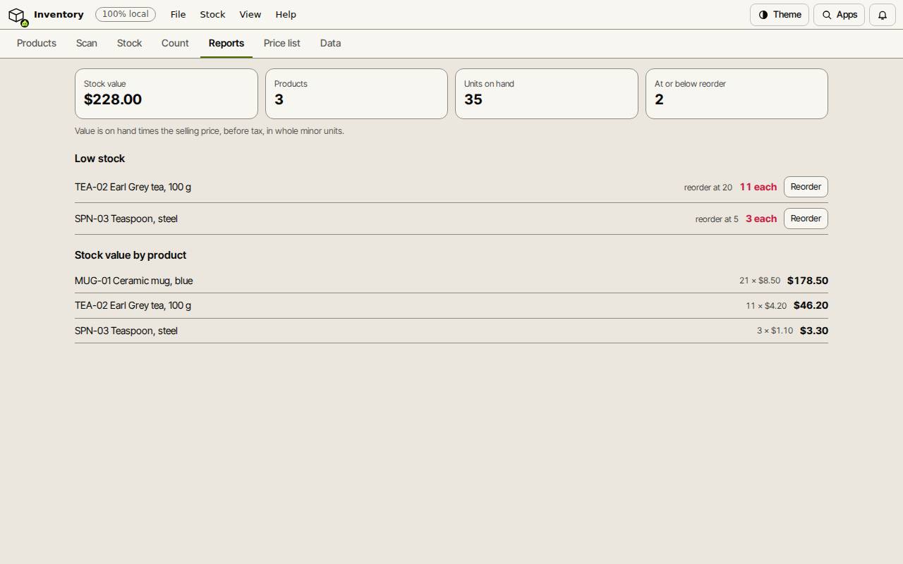 The Reports tab with stock value, two products low on stock and Reorder buttons