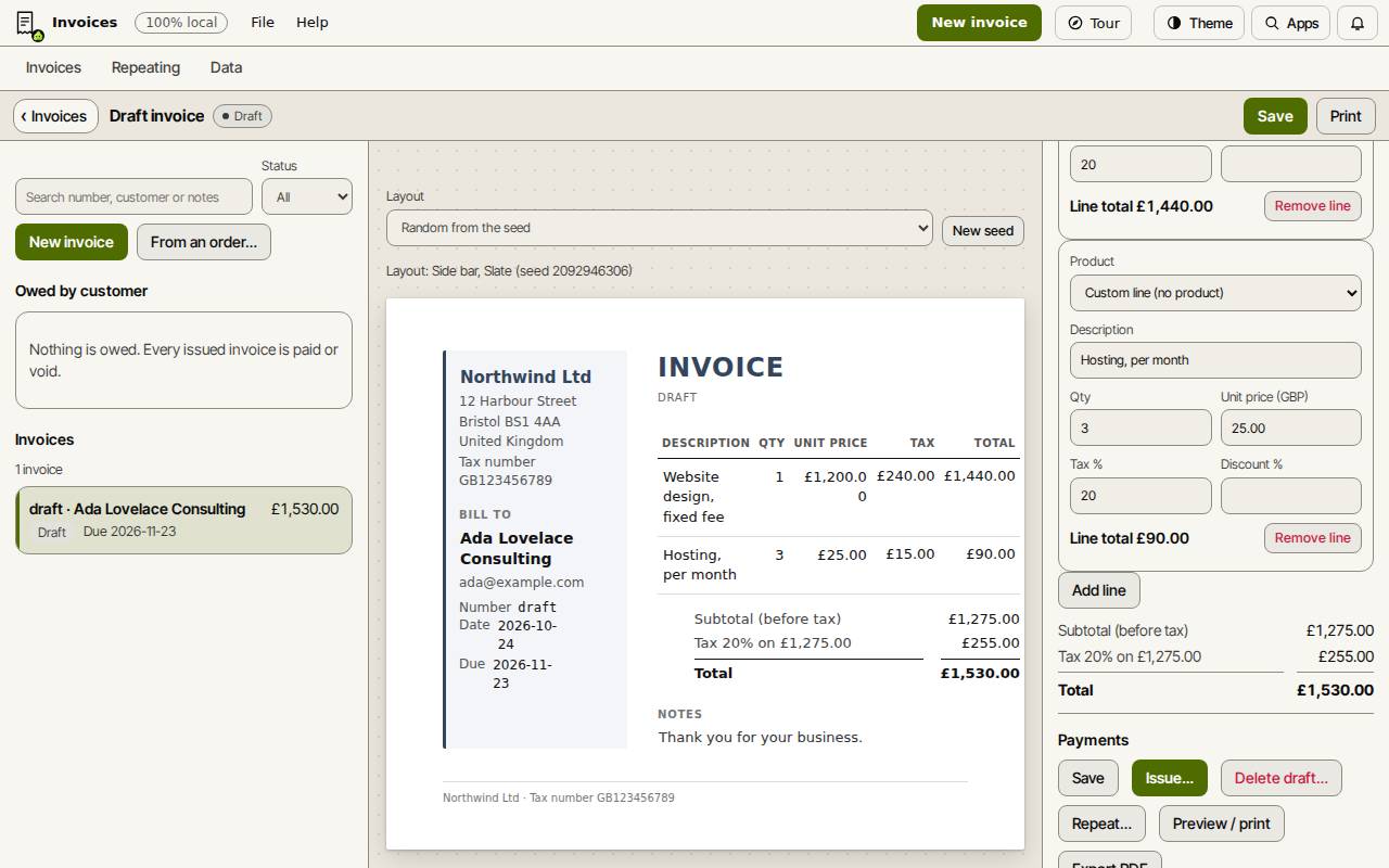 A draft invoice in Slop Invoices: the page in the middle and the lines form on the right