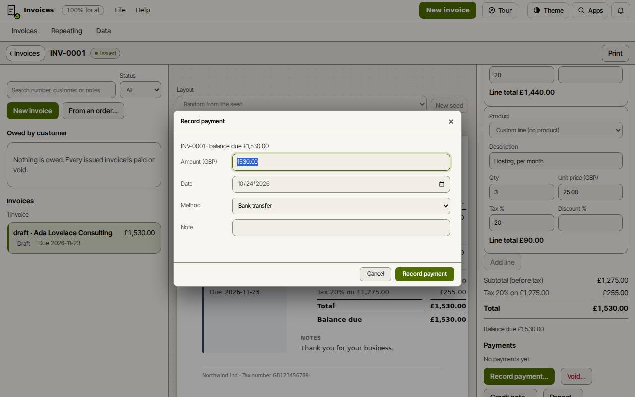 The Record payment dialog over an issued invoice, with the amount, date and method