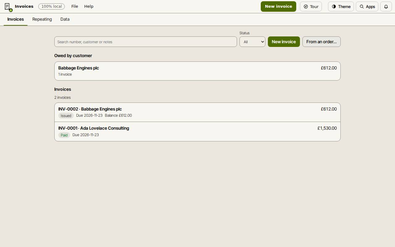 The Invoices list with Owed by customer above it: one invoice paid and one still issued