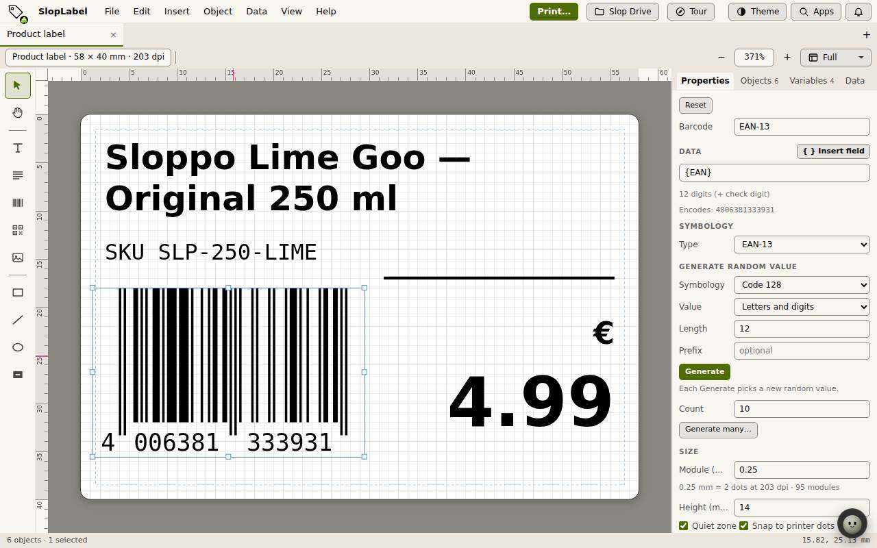 A 58 × 40 mm product label in SlopLabel with its EAN-13 barcode selected and the barcode settings on the right