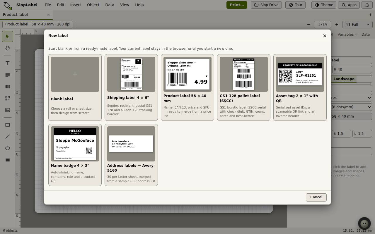 The New label dialog of SlopLabel with a blank label and six ready-made labels to start from