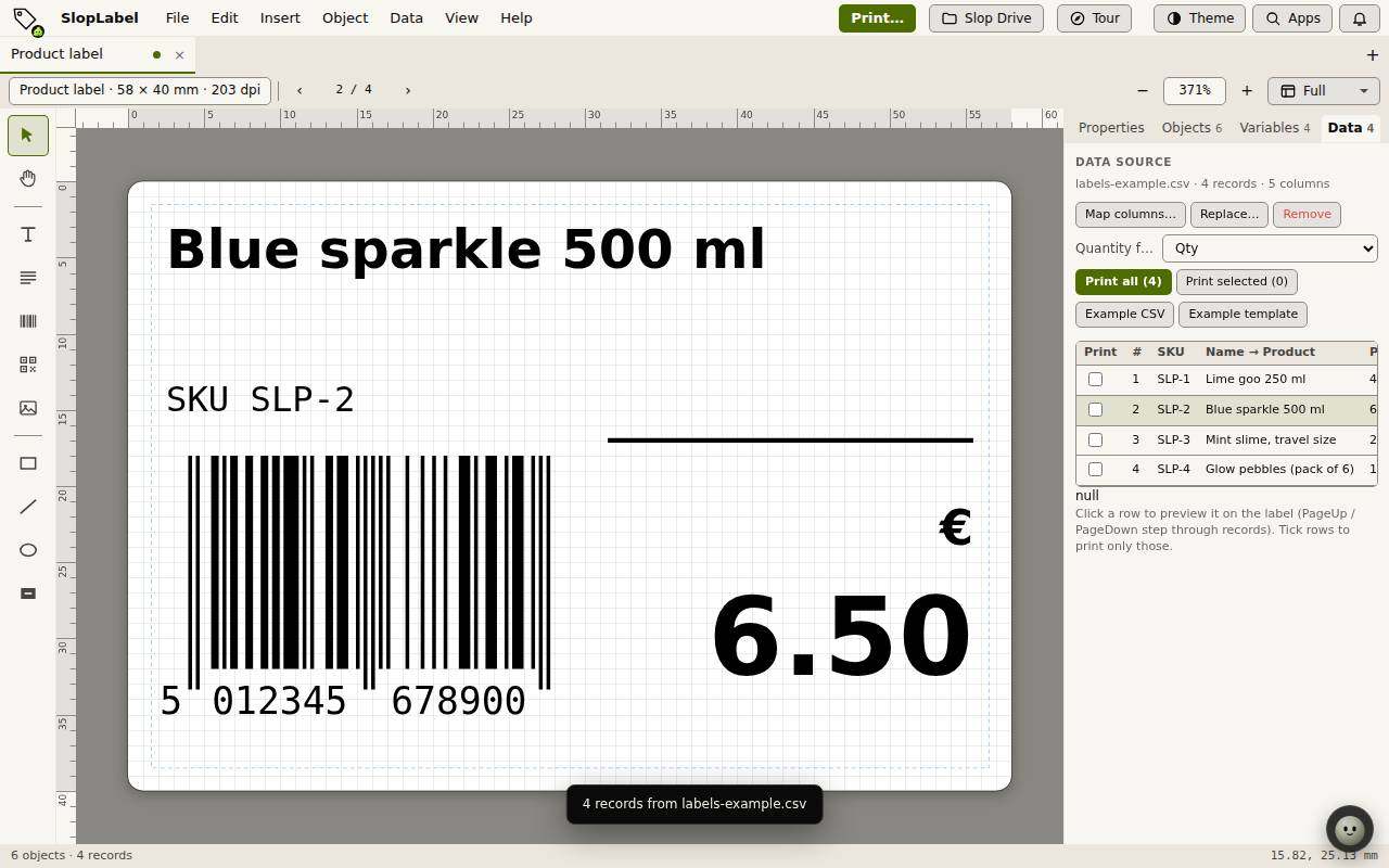 Record 2 of 4 from a CSV file shown on the product label, with the data rows listed in the Data tab