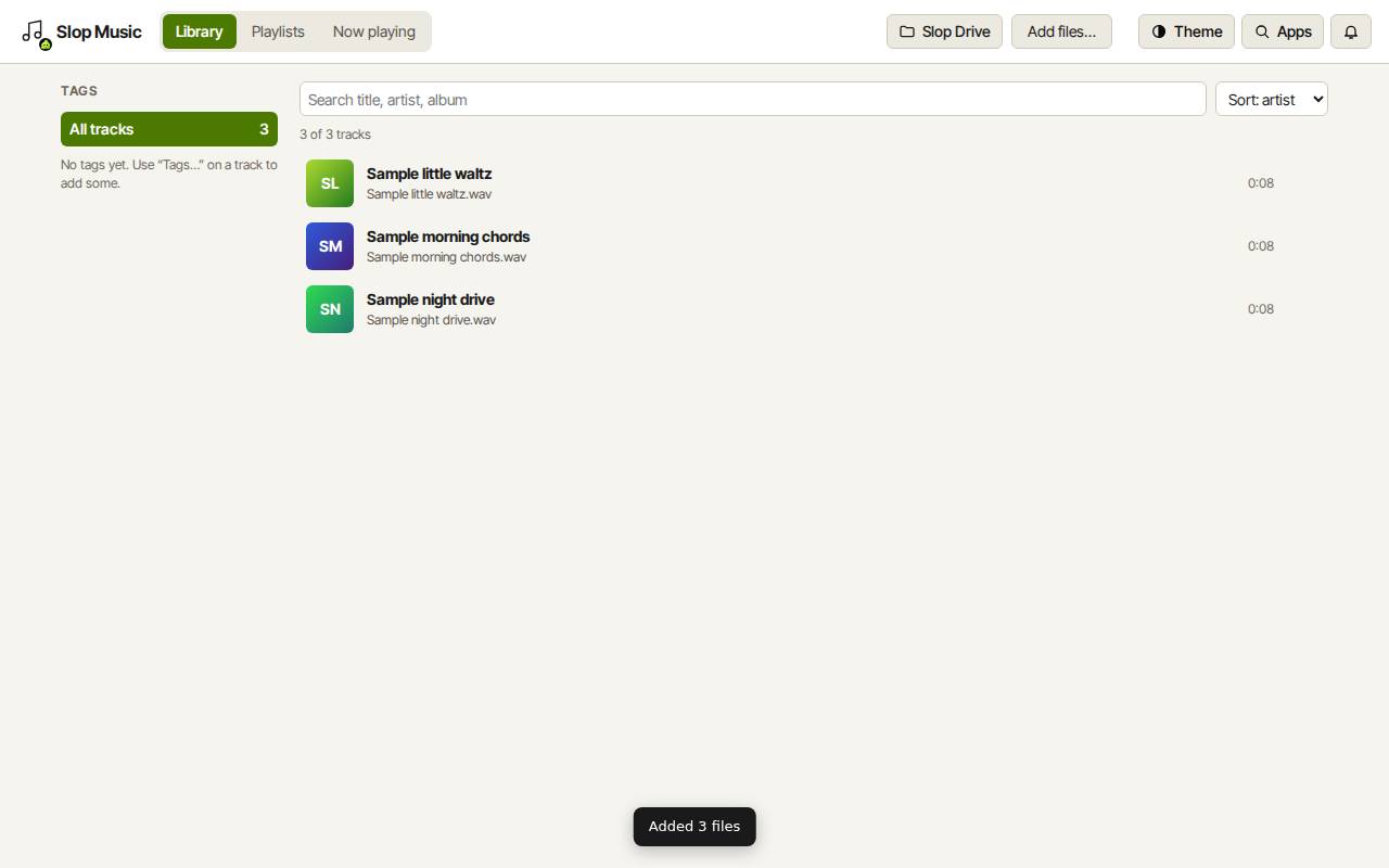 The Slop Music library with three sample tracks