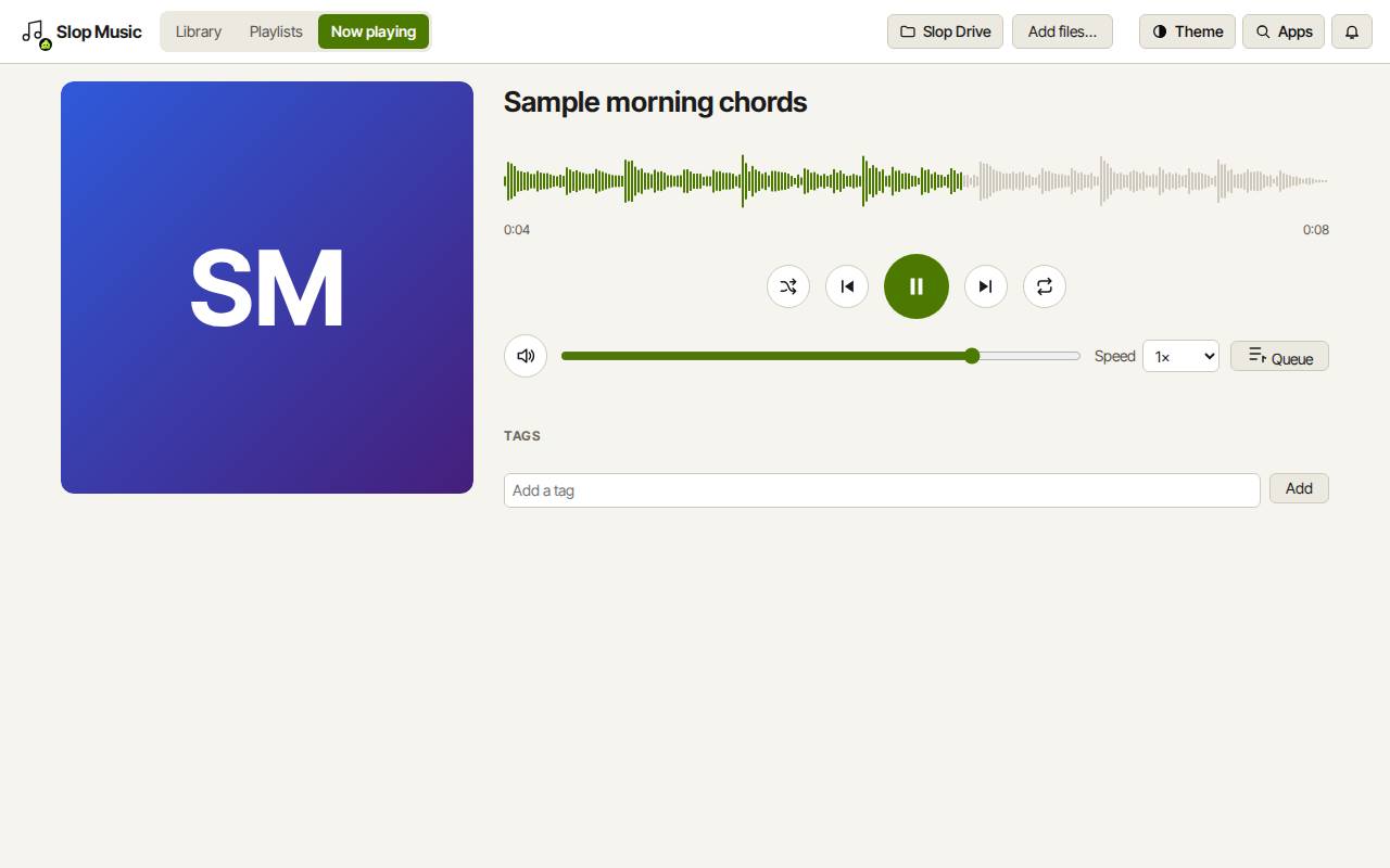 Now playing with the waveform, playback buttons and speed