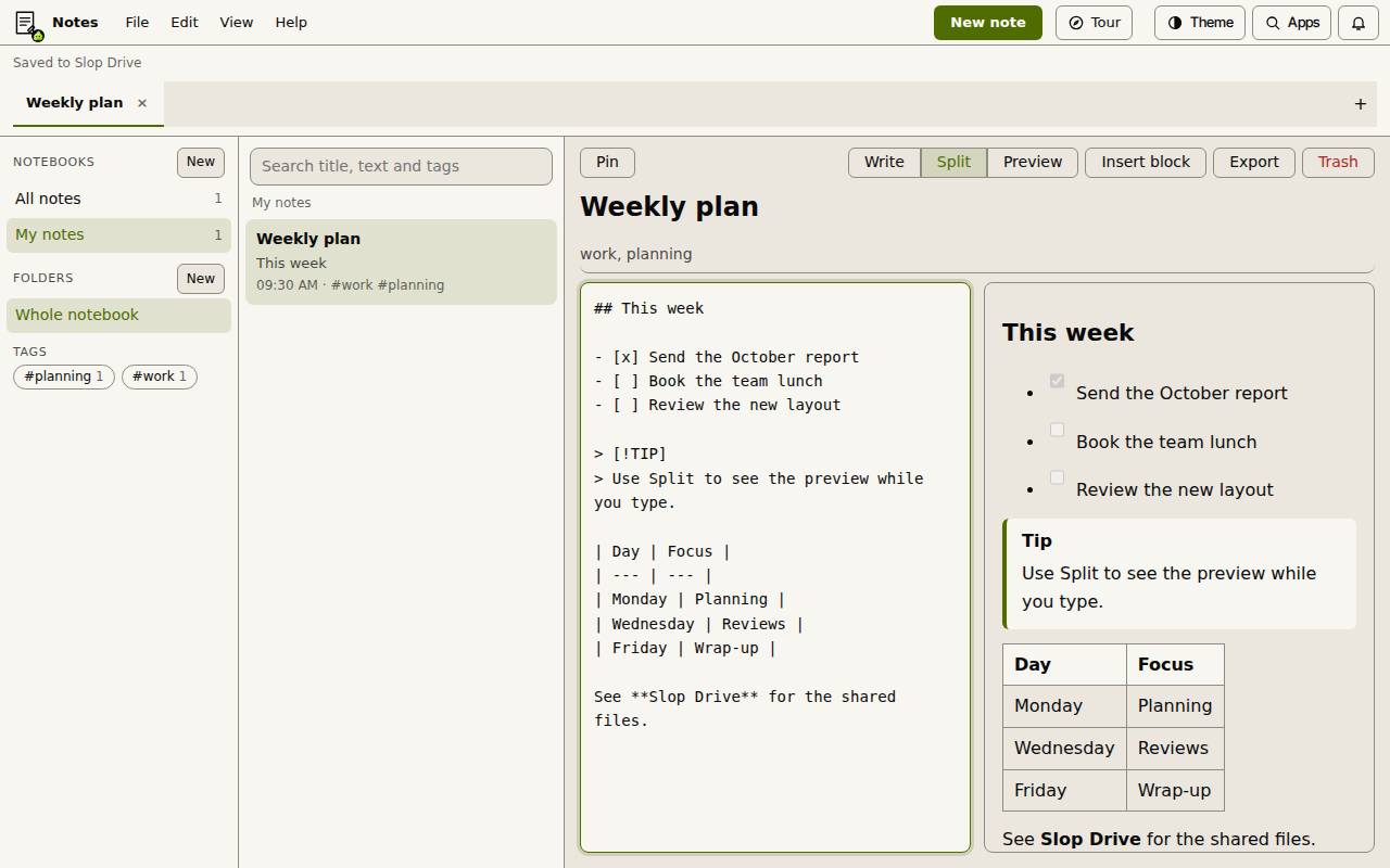 Slop Notes with a note called Weekly plan: Markdown with a checklist, a tip and a table on the left, the preview on the right