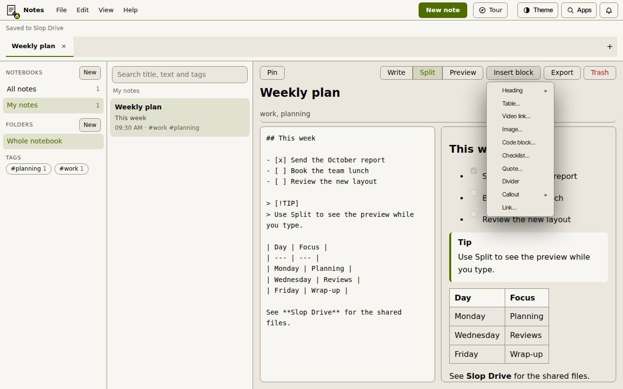 The Insert block menu in Slop Notes: Heading, Table, Video link, Image, Code block, Checklist, Quote, Divider, Callout and Link
