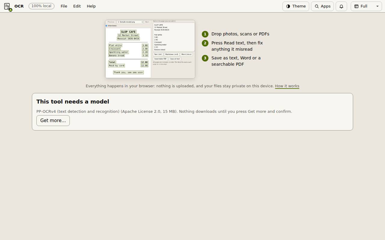 Slop OCR before the model is downloaded, with the three steps and the Get more button