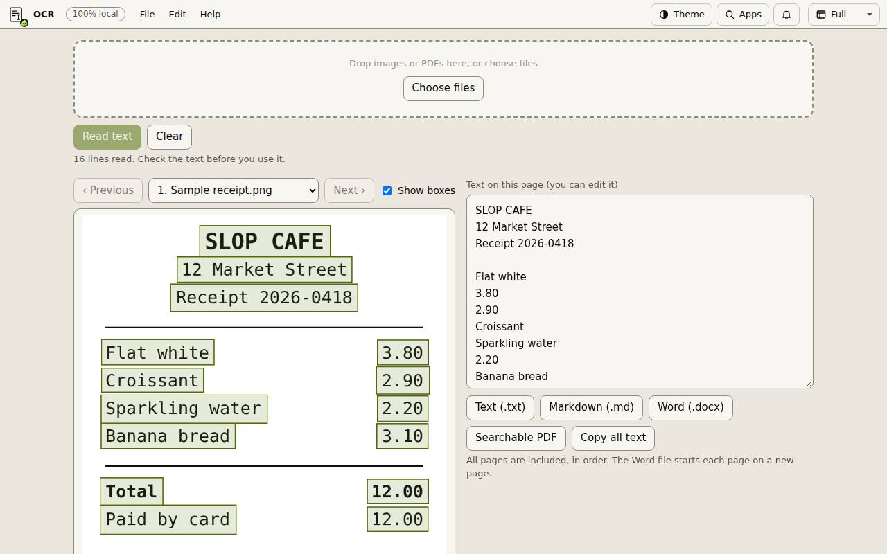 A sample receipt read by Slop OCR, with boxes around each line and the recognised text in an editable box