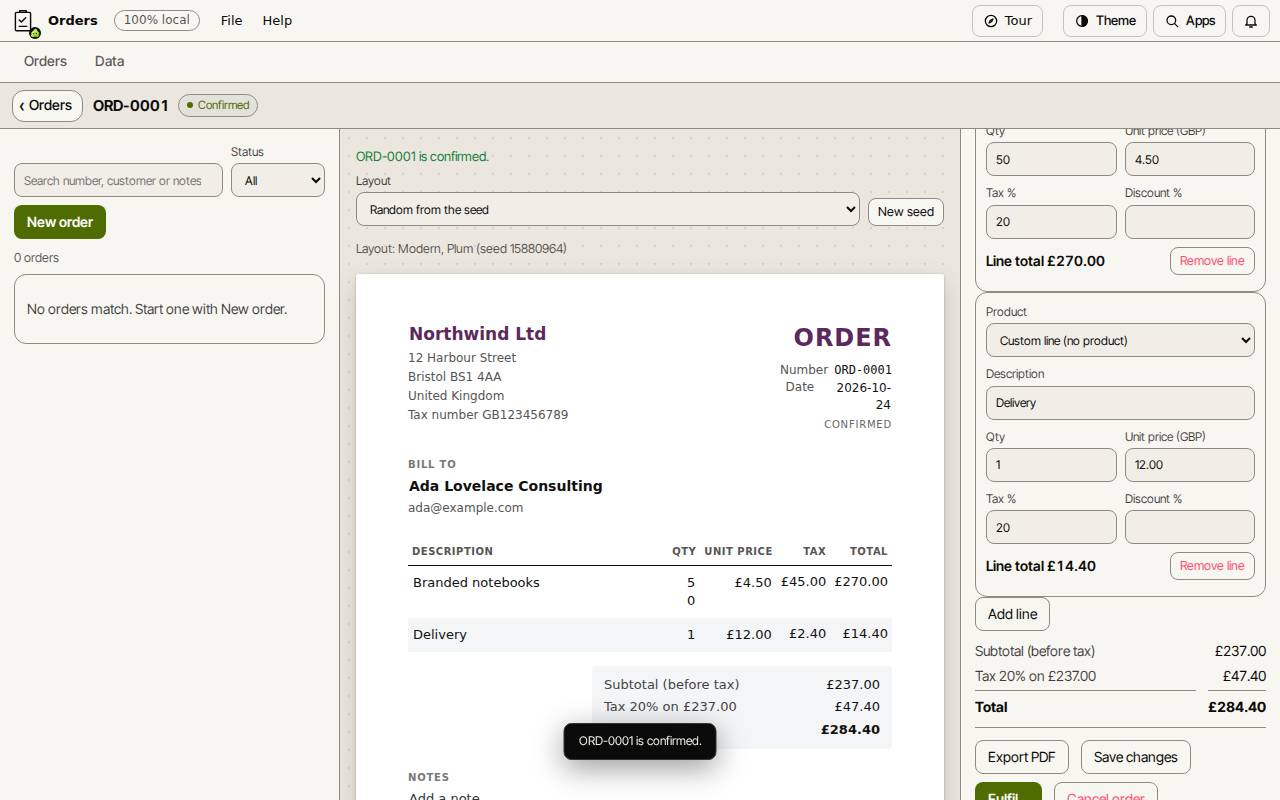 A confirmed order ORD-0001 in Slop Orders, shown as a page next to its lines