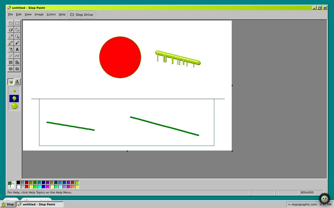 Slop Paint Classic with a red circle, lines, green brush strokes and dripping Slop Brush slime on the canvas