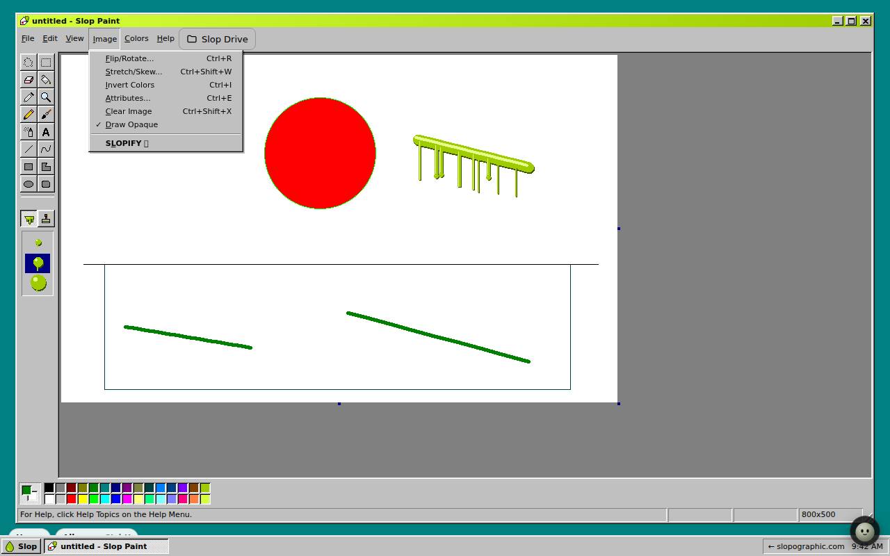 The Image menu of Slop Paint Classic with Flip/Rotate, Stretch/Skew, Invert Colors, Attributes, Clear Image and SLOPIFY