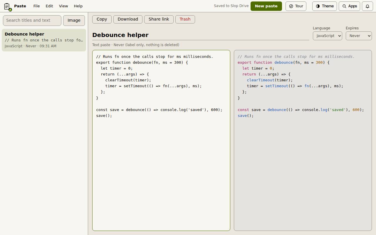 Paste with a JavaScript snippet called Debounce helper: the text on the left and the highlighted copy on the right